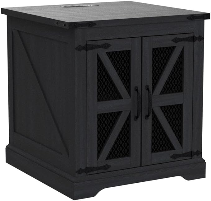 JXQTLINGMU Farmhouse End Table, 24" Large Sofa Side Table with Charging Station, Mesh Barn Door, and Adjustable Storage Shelf, Rustic Wood Square Nightstand for Living Room, Bedroom, Office, Black-Ruum Studio Home