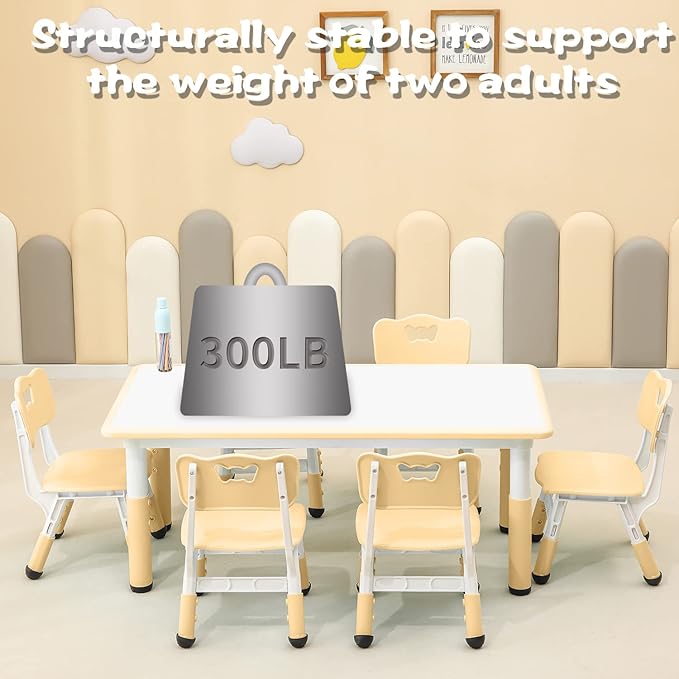 Children's Table and Chair Set Suitable for Boys and Girls Age 2-12 Height Adjustable Table top Can be Painted with 6 Seats Suitable for Family Learning Daily use (Wood Color)-Ruum Studio Home
