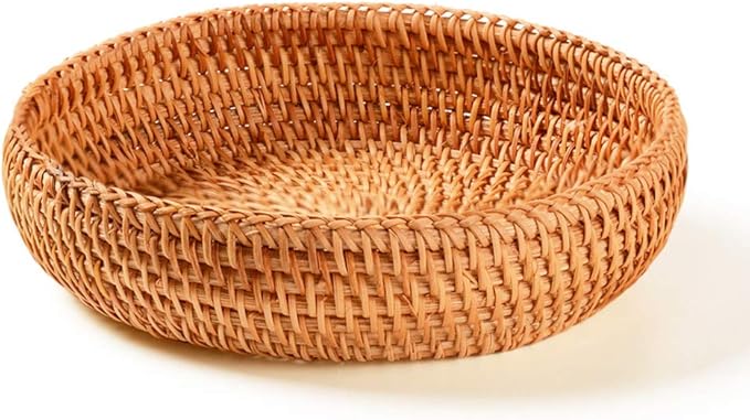 Hadewoven Round Rattan Fruit Basket Wicker Food Tray Weaving Storage Holder Dinning Room Bowl, 7”Decorative Natural Basket Woven Fruit Basket Bowl for Entryway Table, Countertop (Small 7”)-Ruum Studio Home