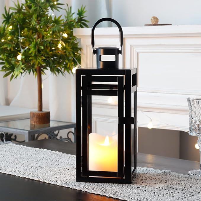 TRIROCKS Metal Candle Lantern 12'' High Decorative Outdoor Lantern Hanging Lantern with Tempered Glass for Christmas Home Decor Living Room Parties Events Tabletop Indoors Outdoors (Black Matte)-Ruum Studio Home