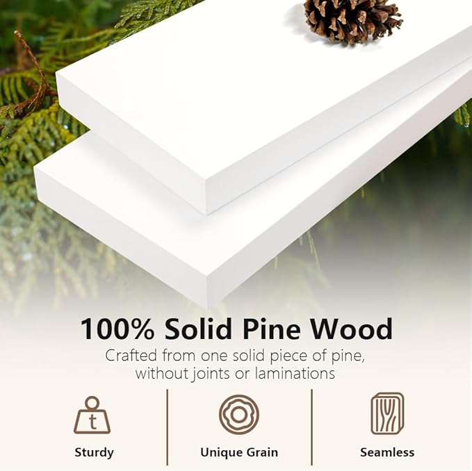 Habudda Floating Shelves for Wall, Display Shelf for Bathroom Bedroom Kitchen, Rustic Decor Pine Solid Wood Bookshelf, 30 Inch Long, Set of 2, White-Ruum Studio Home