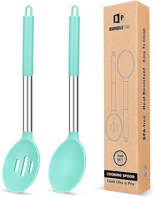 Pack of 2 Large Silicone Cooking Spoons,Non Stick Solid Basting Spoon,Heat-Resistant Kitchen Utensils for Mixing,Serving,Draining,Stirring (GREEN)-Ruum Studio Home
