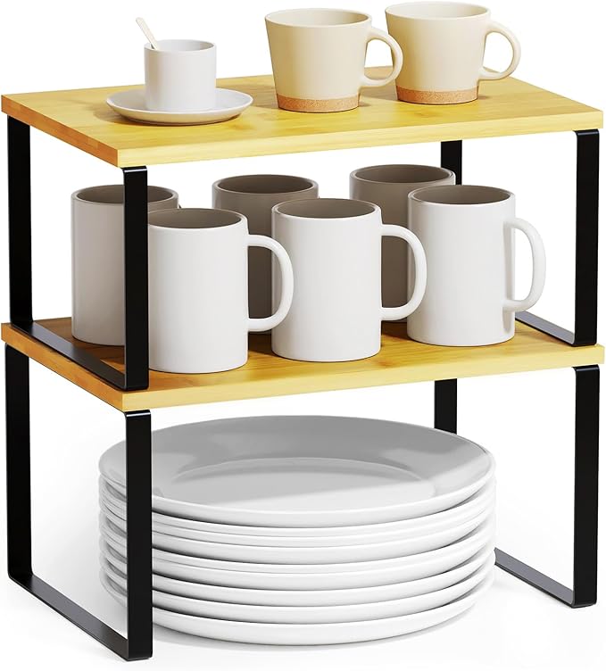 SpaceAid Cabinet Shelf Organizers 2 Pack, Kitchen Counter Rack Shelves Riser, Stackable Expandable Spice Rack, Pantry Cupboard Storage Organization (Black and Natural, Short)-Ruum Studio Home
