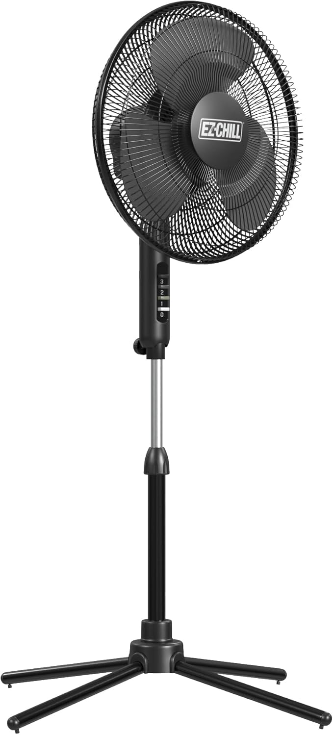 EZ-CHILL 16” Oscillating Pedestal Fan, 3-speed Options, 90-Degree Oscillating Head, Adjustable Height and Tilt, Powerful Air Flow, Black, MTFS-16B-BLK-Ruum Studio Home