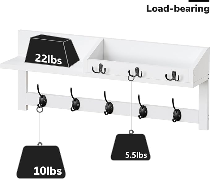 AMBIRD 26.57-Inch Wall Hanging Shelf With Coat Hooks - Entryway Wood Rack With 5 Dual Hooks, 3 Key Hooks, Mail Organizer and Key Holder (White)-Ruum Studio Home