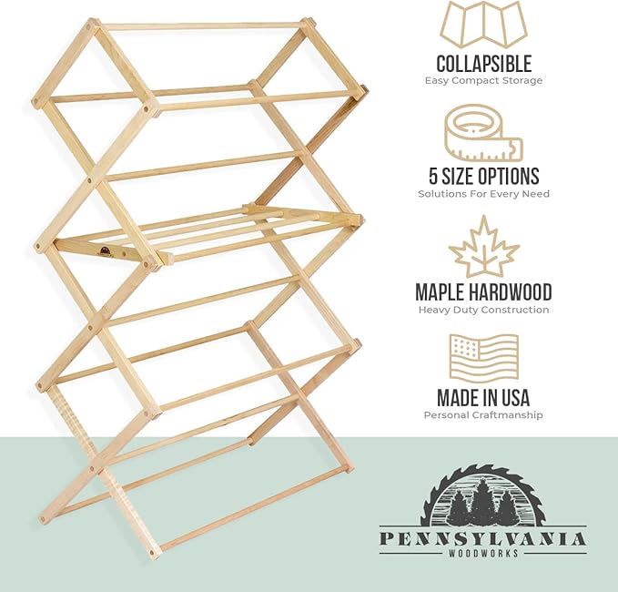 Pennsylvania Woodworks Clothes Drying Rack: Solid Maple Hard Wood Laundry Rack for Blankets, Towels, Bedding & More, Heavy Duty Folding Drying Rack, Made in USA, No Assembly Needed, XXLarge-Ruum Studio Home