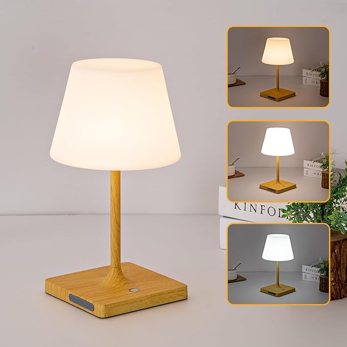 Cordless Table lamp, Outdoor Battery Operated Rechargeable Desk lamp,Waterproof Shower Lamp,4000mAh LED 3 Colors Dimmable Touch Lamps for Camping Patio Courtyard Bedroom-Wood-Ruum Studio Home