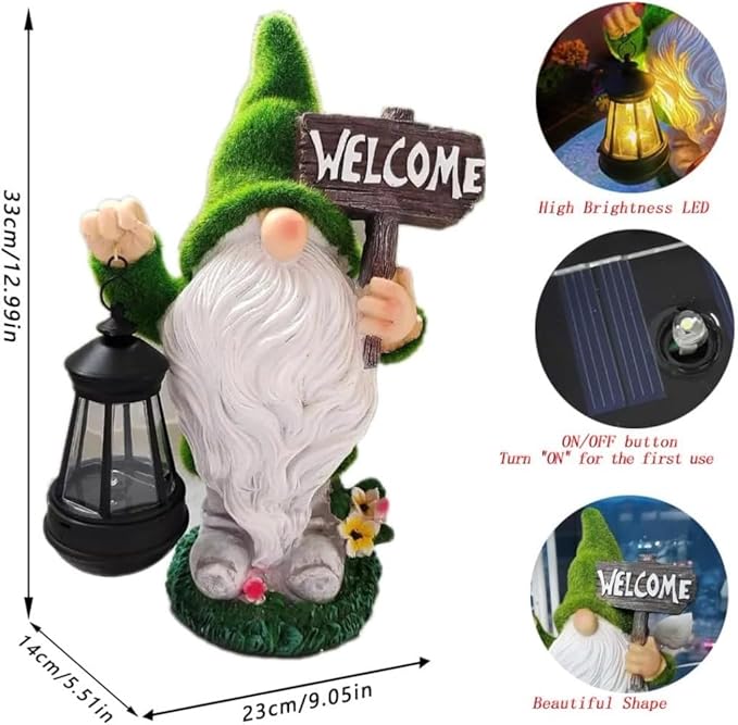 Solar Gnome Outdoor Garden Fall with Solar Lantern - 11’’Halloween Autumn Welcome Gnomes Decorations for Yard Patio (Green & White)-Ruum Studio Home