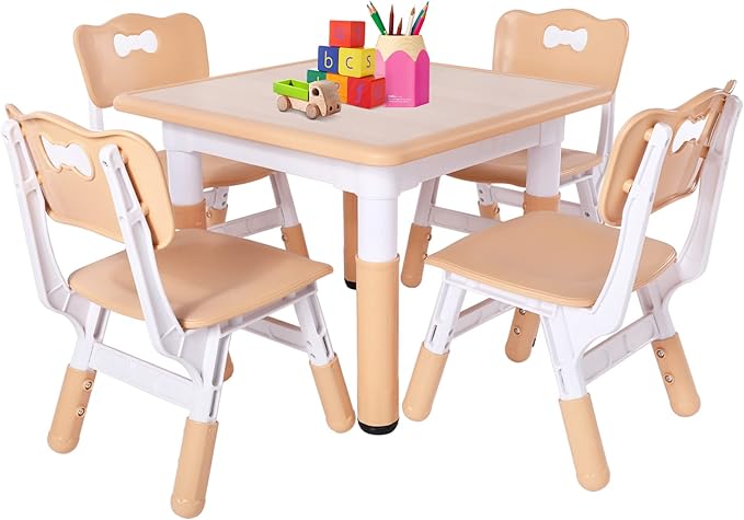 FUNLIO Kids Table and 4 Chairs Set, Height Adjustable Toddler Table and Chair Set for Ages 3-8, Easy to Wipe Arts & Crafts Table, for Classrooms/Daycares/Homes, CPC & CE Approved（5-Piece Set）-Ruum Studio Home