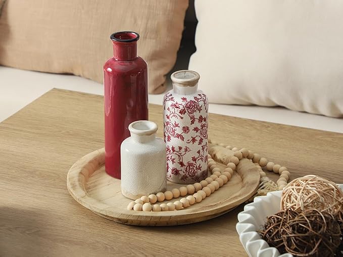 Vintage Vase Set of 3, Ceramic Vintage Flower Vases, Chinoiserie Decorative Home Decor Retro Floral Vase Rustic Farmhouse Decor for Table Bookshelf Mantel Kitchen Living Room Office - Red and White-Ruum Studio Home