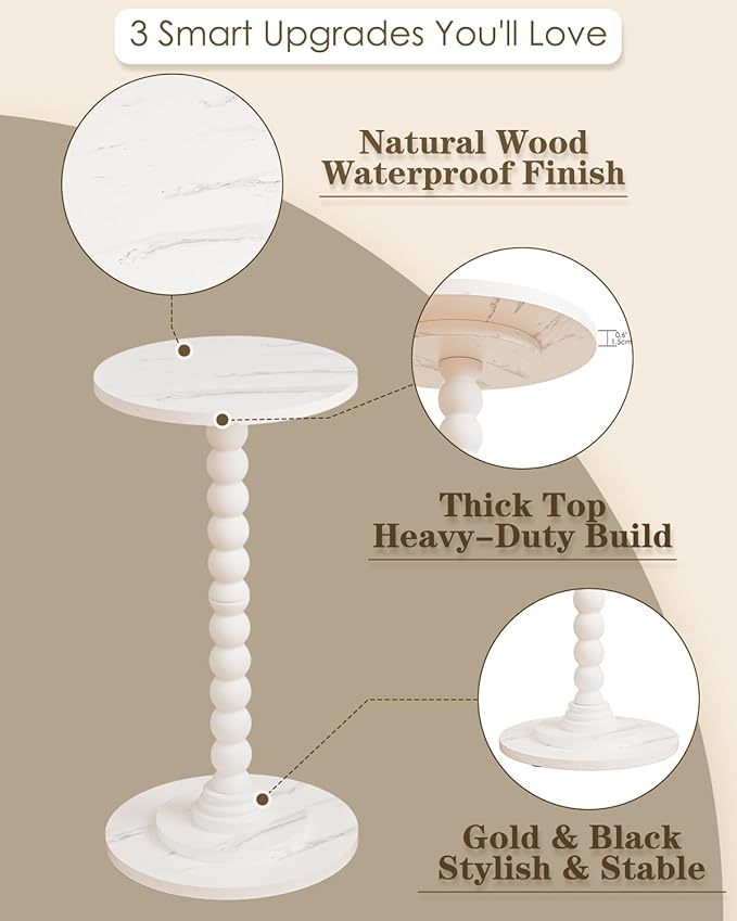 Masupu Round Side Table, Small Drink Table for Small Spaces, Pedestal End Table with Solid Wood Leg for Living Room, Bedroom, Corners(Marble White)-Ruum Studio Home