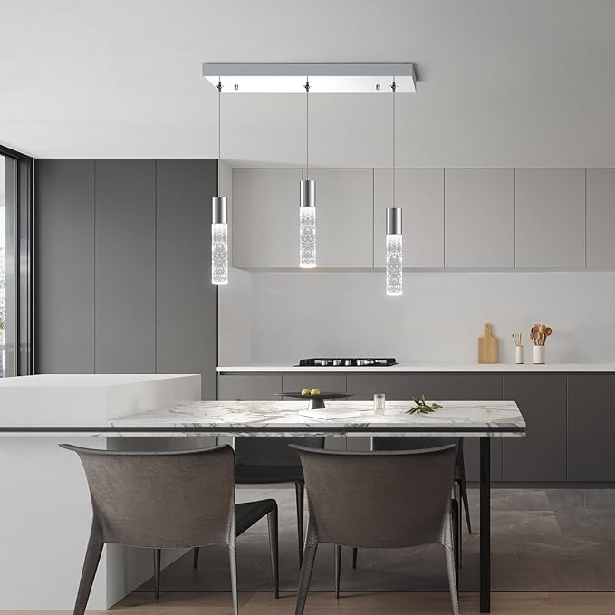 OKELI Smart 3-Light LED Pendant Lighting for Kitchen Island, 18W 1350LM Adjustable 3000K-6000K, Dimmable via TUYA App & Voice Control (Alexa/Google Home), Modern Crystal Bubble Pendant,Chrome Square-Ruum Studio Home