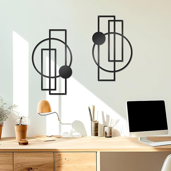 OYEFLY 2 Pcs Metal Abstract Wall Art,Modern Geometric Decor (Black, style 1)-Ruum Studio Home