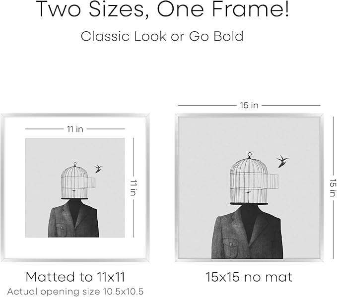Homeforia 15x15 Picture Frame Silver, High End Metal 15 x 15 Square Frame with Mat 11 x 11 Photo, 15x15 Poster Frames Matted to 11x11 Print, 15 by 15 Hanging Frames, Tempered Glass, Wall Kit, Set of 1-Ruum Studio Home