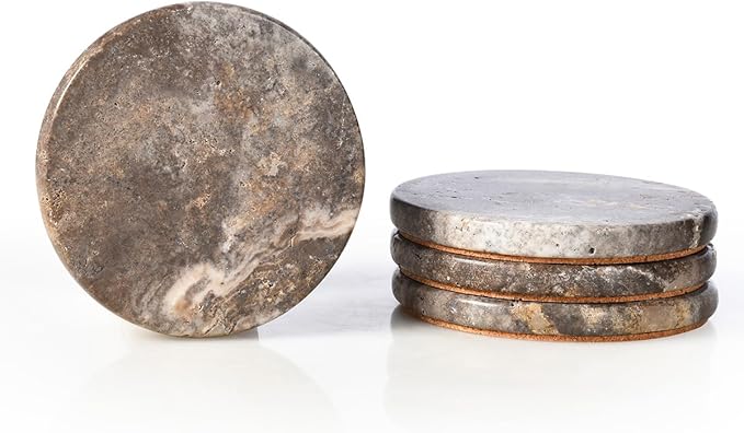 Marble Coasters Set of 4, Natural Gray Stone 4 Inch/10 cm, Modern Round Travertine Drink Coasters for Home Decor, Coffee Table, Office-Ruum Studio Home