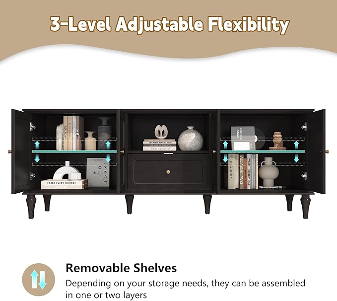 ARTPOWER 67'' Mid-Century Modern TV Stand with Storage Drawer and Doors, Long TV Stand with Adjustable Shelves for 75 Inch TV for Living Room, Bedroom, Black-Ruum Studio Home