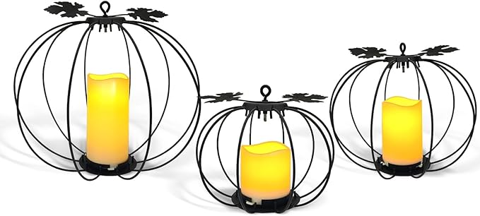 Halloween Metal Pumpkin Candle Holder, 3 Pcs Light up Black Pumpkin Lantern with LED Flickering Yellow Candle Lights Build in Timer for Thanksgiving Halloween Harvest Fall Home Decor-Ruum Studio Home