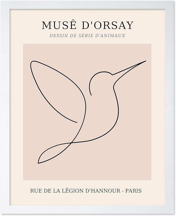 Poster Master Vintage Poster - Retro One Line Hummingbird Drawing Print - Bird Line Art - Minimal Gift for Him, Her, Animal Lover - Abstract Decor for Home, Office, 8x10 White Framed-Ruum Studio Home