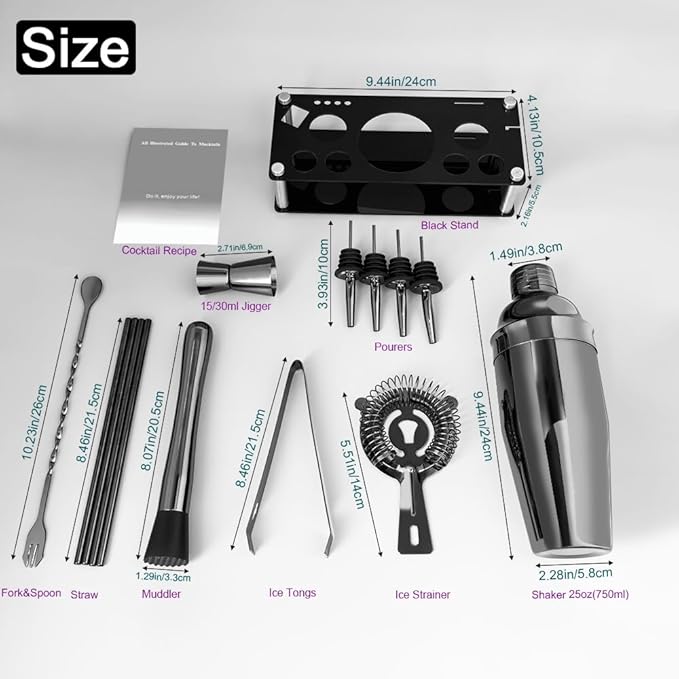 14-Piece Cocktail Shaker Set Bartender Kit with Black Stand, Bar Tool Set for Drink Mixing Bartending Kit Bar Sets Accessories: 750ml(25oz) Shaker, Jigger, Muddler, Cocktail Recipes (Black)-Ruum Studio Home