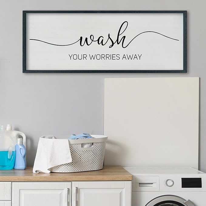 SRSZHIYUE Wash Your Worries Away Bathroom Sign Wall Art 40"x15" Funny Restroom Toilet Large Wood Framed Hanging Decor (Black)-Ruum Studio Home