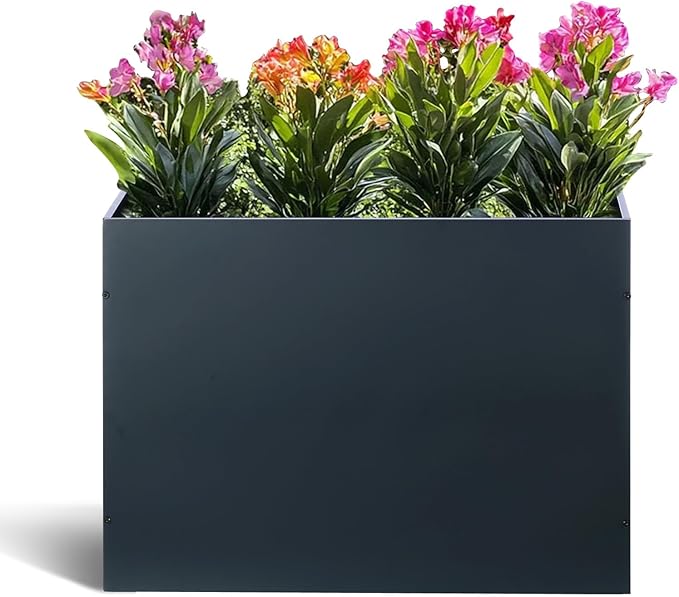 BAYN Metal Rectangular Planter Box Tall Planters for Outdoor Plants Modern Heavy Duty with Drainage Holes for Outside Indoor Patio Deck - Grey, 32”x 12”x 24”-Ruum Studio Home