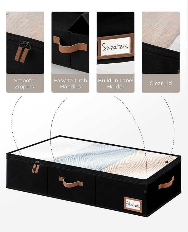 StorageWorks Extra Large Under Bed Storage Containers with Handles and Label Holder, 2 Pack Ultra-thick Fabric Underbed Bins, Closet Organizer for Clothes, Blankets, Sweater-Ruum Studio Home