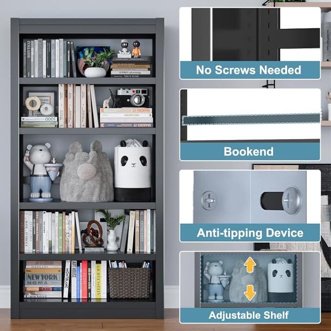 Bookshelf, 5-Tier Sturdy Bookcase, Adjustable Book Shelf, Large Capacity per Shelf, Modern Book Shelf for Living Room, Home Office, Garage, Perfect for Home Organization & Small Space Living-Ruum Studio Home