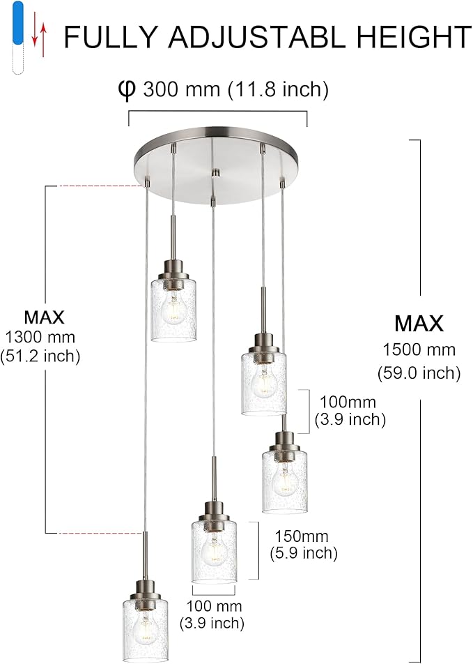 5 Light Farmhouse Pendant Lighting for Kitchen Island,Brushed Nickel Dining Room Cluster Pendant Light Fixtures Hanging Ceiling with Seeded Glass,Modern Pendant Light for Entrance Stairwell-Ruum Studio Home