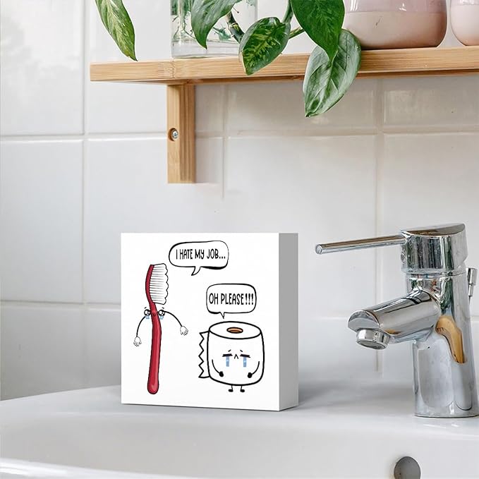 Funny Bathroom Decor, Funny Bathroom Wall Art, Black and White Bathrooms Decoration Decor for Shelves, Wooden Box Decor Sign for Home Farmhouse Office Living Room Table-Ruum Studio Home