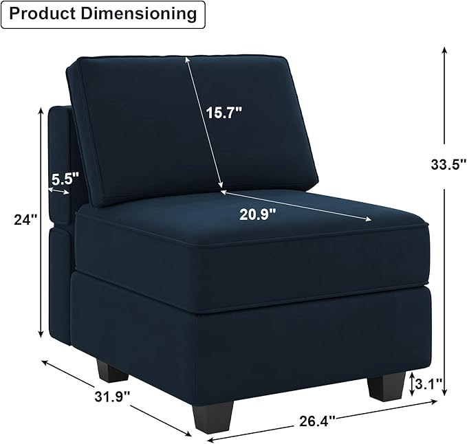 Belffin Modular Sofa Middle Module with Storage Accent Armless Chair for Modular Sectional Sofa Couch Velvet Blue-Ruum Studio Home