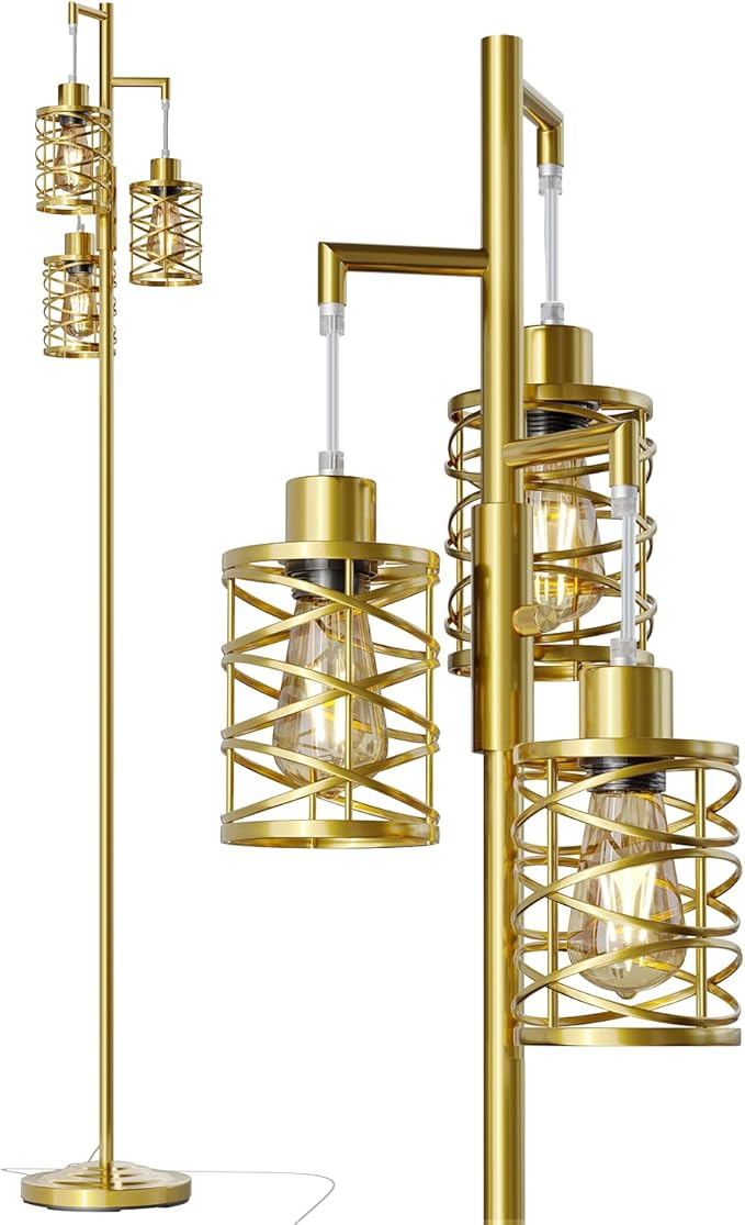 Oneach 70" Industrial Floor Lamp, Stepless Dimmable Standing Lamp with 3 Bulbs, Farmhouse Corner Standing Tree Lamp for Living Room, Tall Lamps for Bedroom, Office, Study Room, Dining Room, Gold-Ruum Studio Home