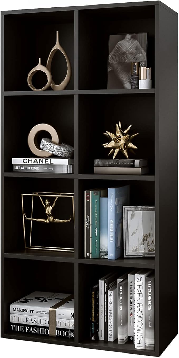 8-Cube Storage Shelf Bookcase - Wooden 4-Tier Floor Standing Open Bookshelf, Modern TV Stand up to 55 Inchs for Home and Office, Black-Ruum Studio Home