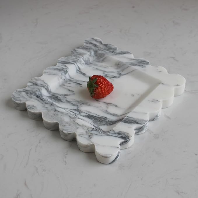 Natural Luxury Marble Tray with Scalloped Edge, Handmade Square Decorative Tray, Catch All Tray for Counter, Dresser, Nightstand and Home Décor (Arabescato Calacatta)-Ruum Studio Home