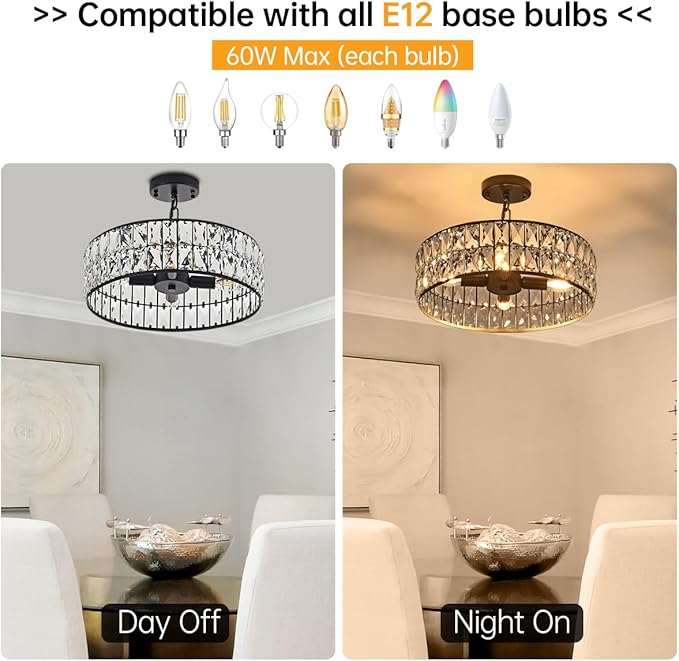 16” 4-Light Modern Crystal Chandeliers Black Dinning Room Light Fixture, Round Pendant Light Kitchen Island Chandelier, Flush Mount Ceiling Light for Living Room Entryway Bedroom Foyer-Ruum Studio Home