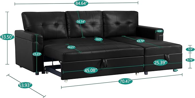 Naomi Home Jenny Sectional Sofa Sleeper with Storage Chaise, Tufted Pull Out Couch with Storage, L-Shaped Reversible Sleeper Sofa with Storage, Black,Air Leather-Ruum Studio Home