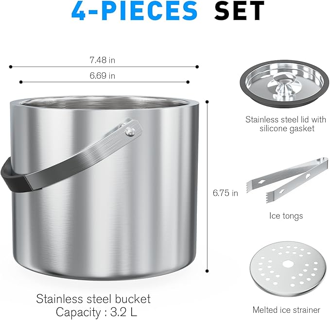 3.2 Liter Ice Bucket with Silicone Lid, Strainer, Tongs, Double Wall Insulated Stainless Steel Ice Bucket Wine Bucket for Cocktail Bar and Parties-Ruum Studio Home