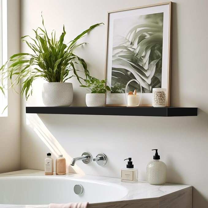 LaVie Home Floating Shelves, 24 Inch Wall Shelf Set of 2, Hanging Shelf with Invisible Brackets, Wall Decor for Bathroom, Bedroom, Living Room, Kitchen Storage, Classic Black-Ruum Studio Home