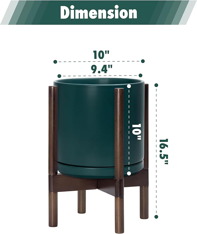 D'vine Dev Ceramic Planter with Walnut Color Stand - 10 Inch Modern Round Flower Pot with Wood Planter Holder, Teal, 55-B-X-4-Ruum Studio Home