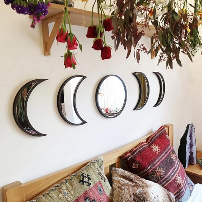 5 pcs Scandinavian Natural Decor Acrylic Moonphase Mirrors Interior Design Wooden Moon Phase Mirror Bohemian Wall Decoration for Home Living Room Bedroom Decor - No Need to Punch (Black)-Ruum Studio Home