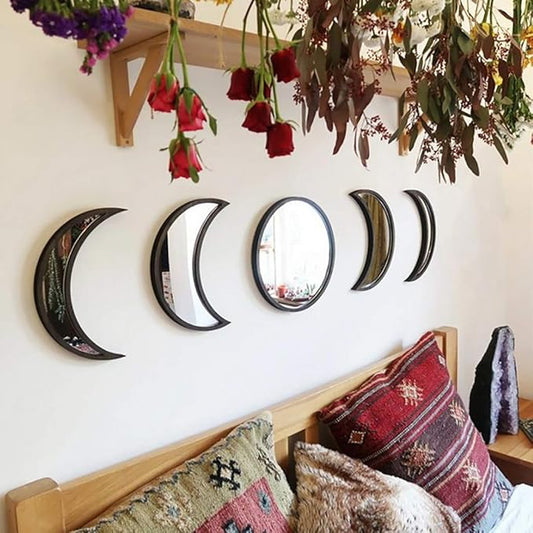 5 pcs Scandinavian Natural Decor Acrylic Moonphase Mirrors Interior Design Wooden Moon Phase Mirror Bohemian Wall Decoration for Home Living Room Bedroom Decor - No Need to Punch (Black)-Ruum Studio Home