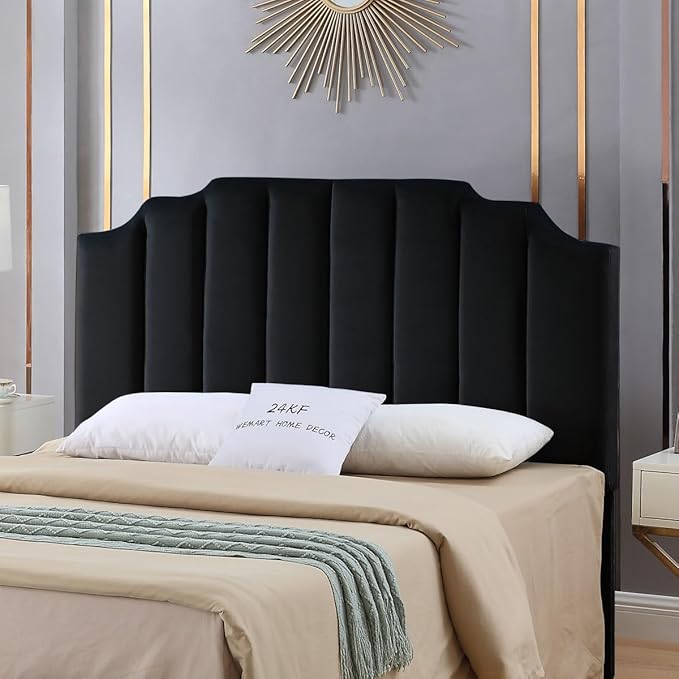 24KF Black Velvet Tufted Queen Upholstered Headboard, Modern Vertical Channel Design California Queen/Full Headboard with Stepped Silhouette Top Edge,Black-Ruum Studio Home