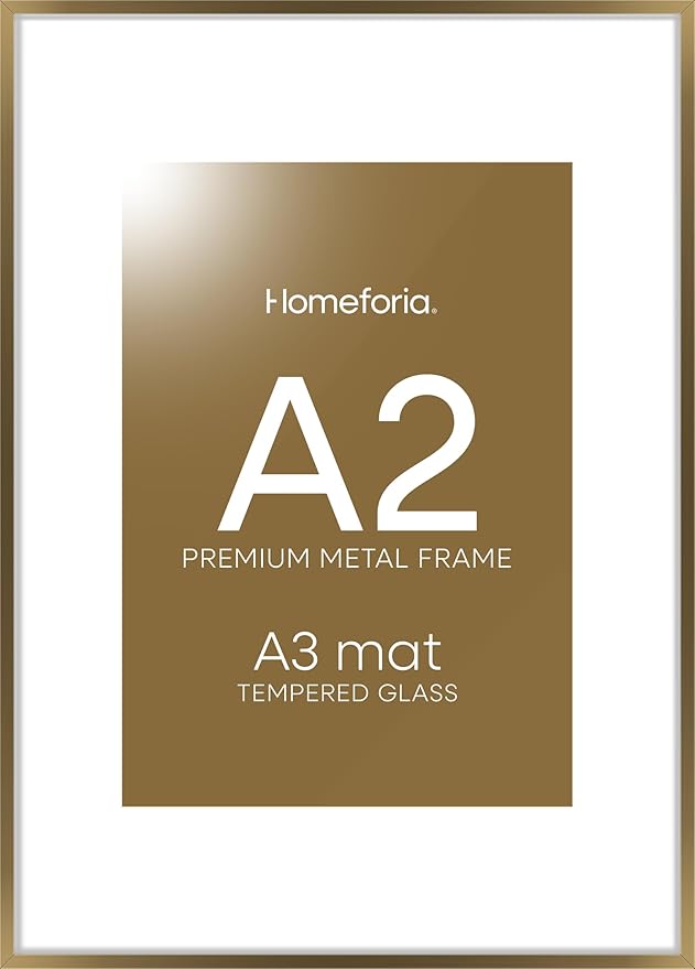 Homeforia A2 Picture Frame Bronze, High End Metal 16.5 x 23.4 inch Poster Frames with Mat 11.7 by 16.5 Photo, A2 Size Brass Frames Matted to A3 Print, 16.5x23.4 Hanging Frame, Tempered Glass, Set of 1-Ruum Studio Home