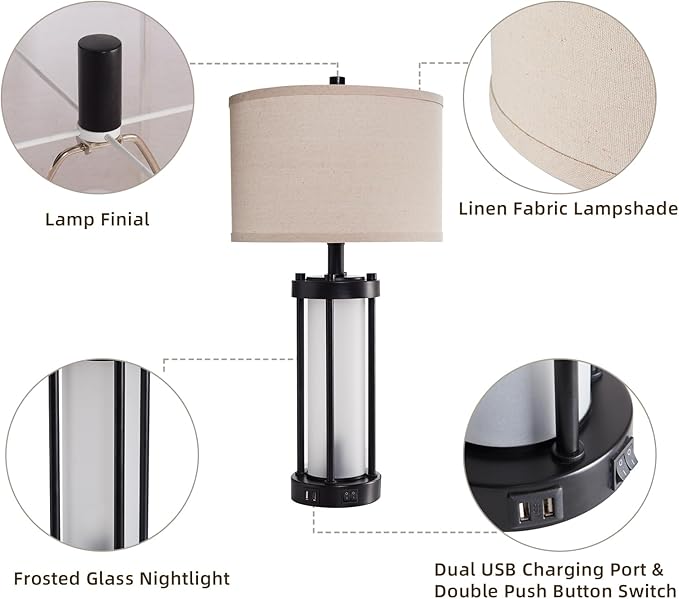 Modern Table Lamps for Living Room, Industrial Beside Lamps with 2 USB Ports, Rustic Nightstand Lamp with White Frosted Glass Night Light for Bedroom End Table Entryway, 2 Bulb Included-Ruum Studio Home