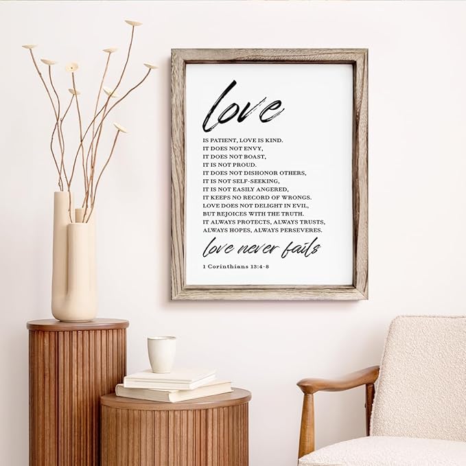 Love Wood Signs, Christian Wooden Wall Sign, Master Bedroom Signs, Inspirational Christian Gift, Home Decor, Framed Wall Plaque Sign 15 * 11.5 inches, Love is the Patient-Ruum Studio Home