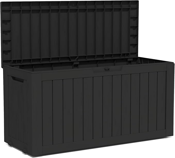 90 Gallon Lockable Resin Deck Box with Wheels, Waterproof & UV-Resistant Outdoor Storage Box for Outdoor Cushion Storage, Garden Tools & Pool Accessories Storage, Black-Ruum Studio Home