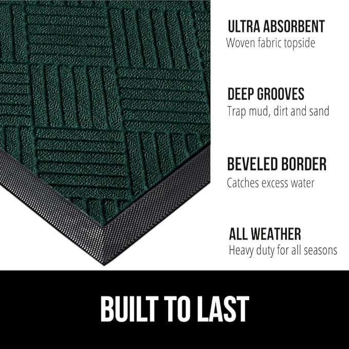GORILLA GRIP 100% Waterproof All-Season WeatherMax Doormat US Designed Natural Rubber, Stain and Fade Resistant, Low Profile Indoor Outdoor Door Mats, Easy Clean Patio Mat, 23x35, Green Diamond-Ruum Studio Home