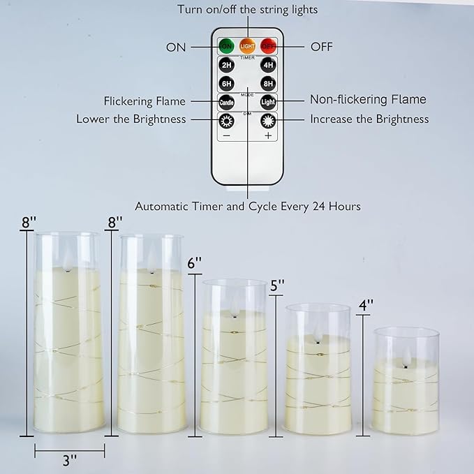 Homemory Flameless Candles with Embedded Star String Fairy Lights, Battery Operated Candles, LED Candle, Fake Candles with Remote Control and Timer, Ivory, Set of 5(H4 5" 6" 8" 8")