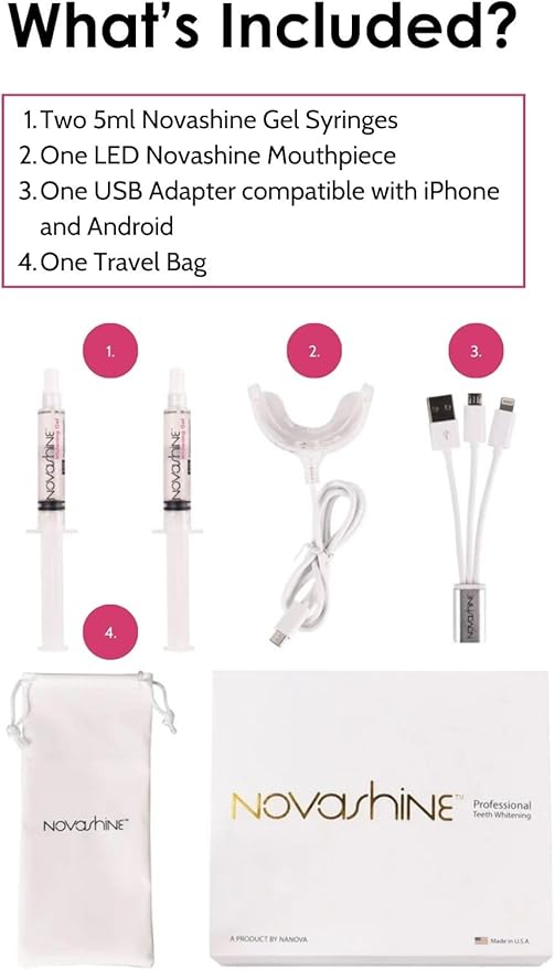 Novashine Professional Teeth Whitening Kit: Advanced Blue LED Light, Concentrated Peroxide Gel, Smartphone Adapter, Travel Bag-Ruum Studio Home