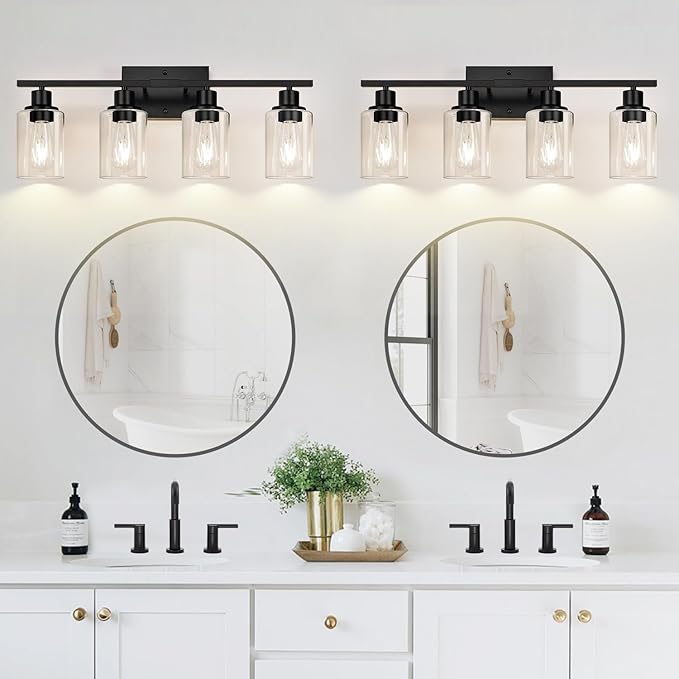 4-Light Bathroom Light Fixtures, Matte Black Modern Vanity Lights with Clear Glass Shades, Bathroom Wall Lamp for Mirror Living Room Cabinet Bedroom Porch-Ruum Studio Home
