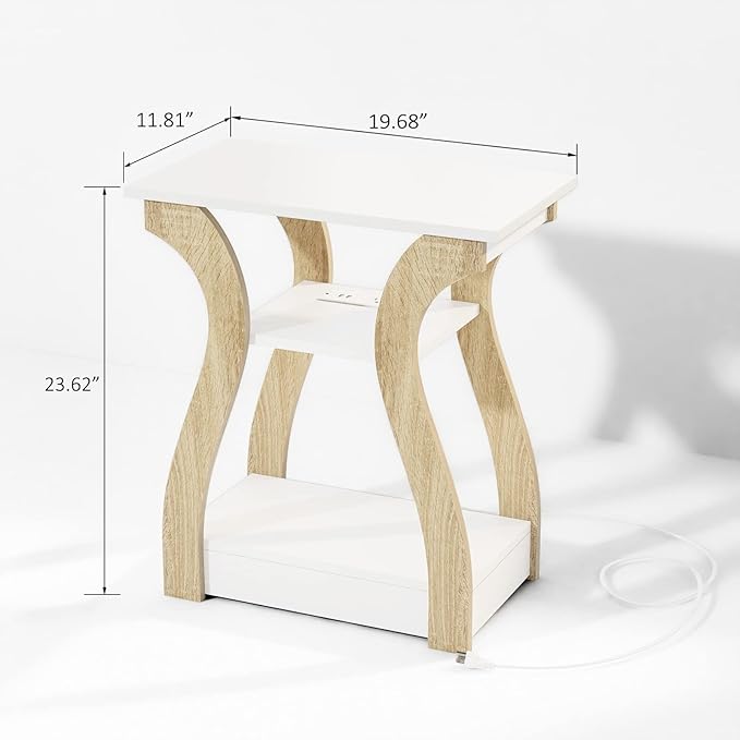 End Table Set of 2 with Charging Station, Side Table with USB Ports and Outlets, Nightstand, 3 Tier End Table with Storage Shelf for Living Room, Bedroom (White Set of 2)-Ruum Studio Home